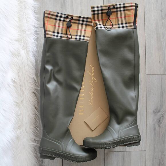 Burberry Tall Rain Boots Olive Plaid Check - Picture 6 of 11